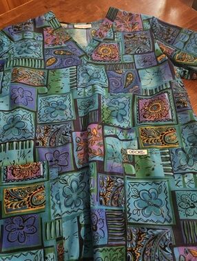 Cherokee Patchwork V-Neck Scrub Top in Teal, Turquoise & Purple